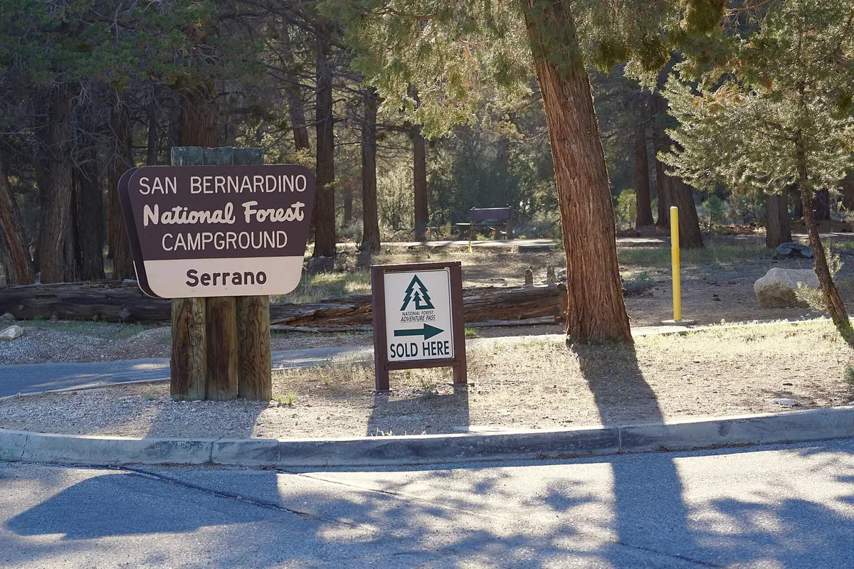 The entrance sign at Serrano Campground in the San Bernardino National Forest