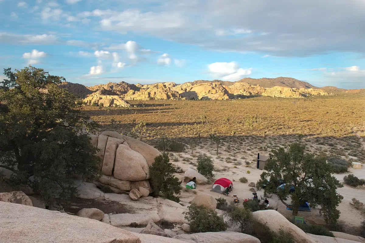 A campsite among the rock piles at Hidden Valley Campground in Joshua Tree National Park