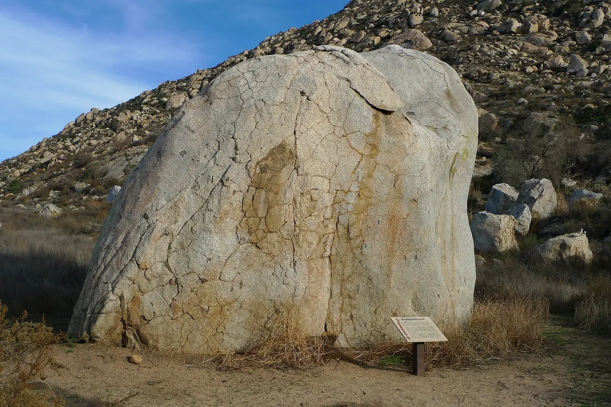 Pictograph Rock, a large boulder with an interpretive sign at Lake Perris