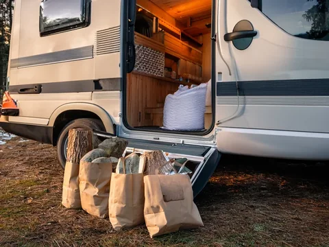 Grocery bags, a bag of ice and firewood set down on the step of an open motorhome
