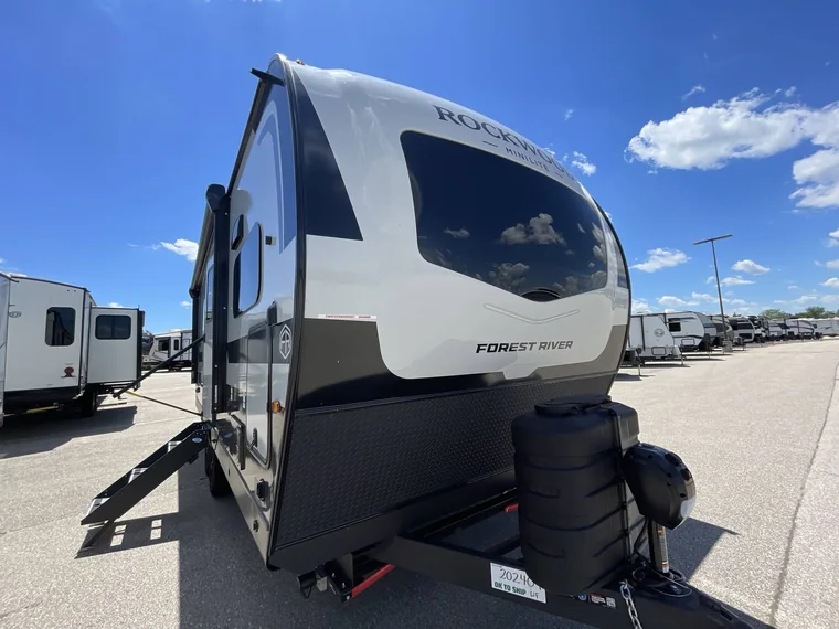 A 2027 Forest River Rockwood Mini Lite 2523MBR, seen from outside