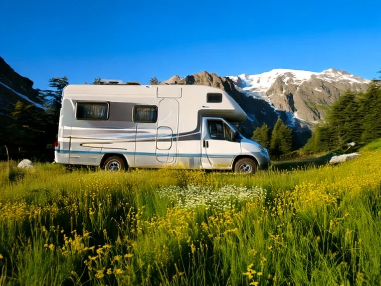 A travel trailer parked at the edge of a high mountain meadow with a conifer treeline behind